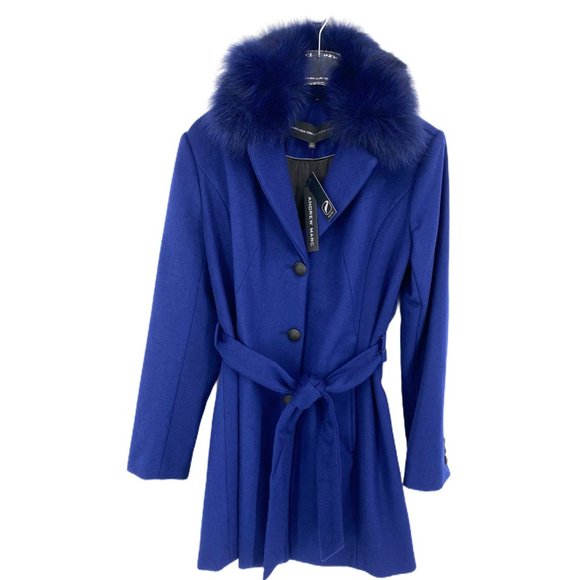 Women’s Blue Andrew Marc Wool Blend Detachable Fox Fur Collar Size 10 - Picture 3 of 12